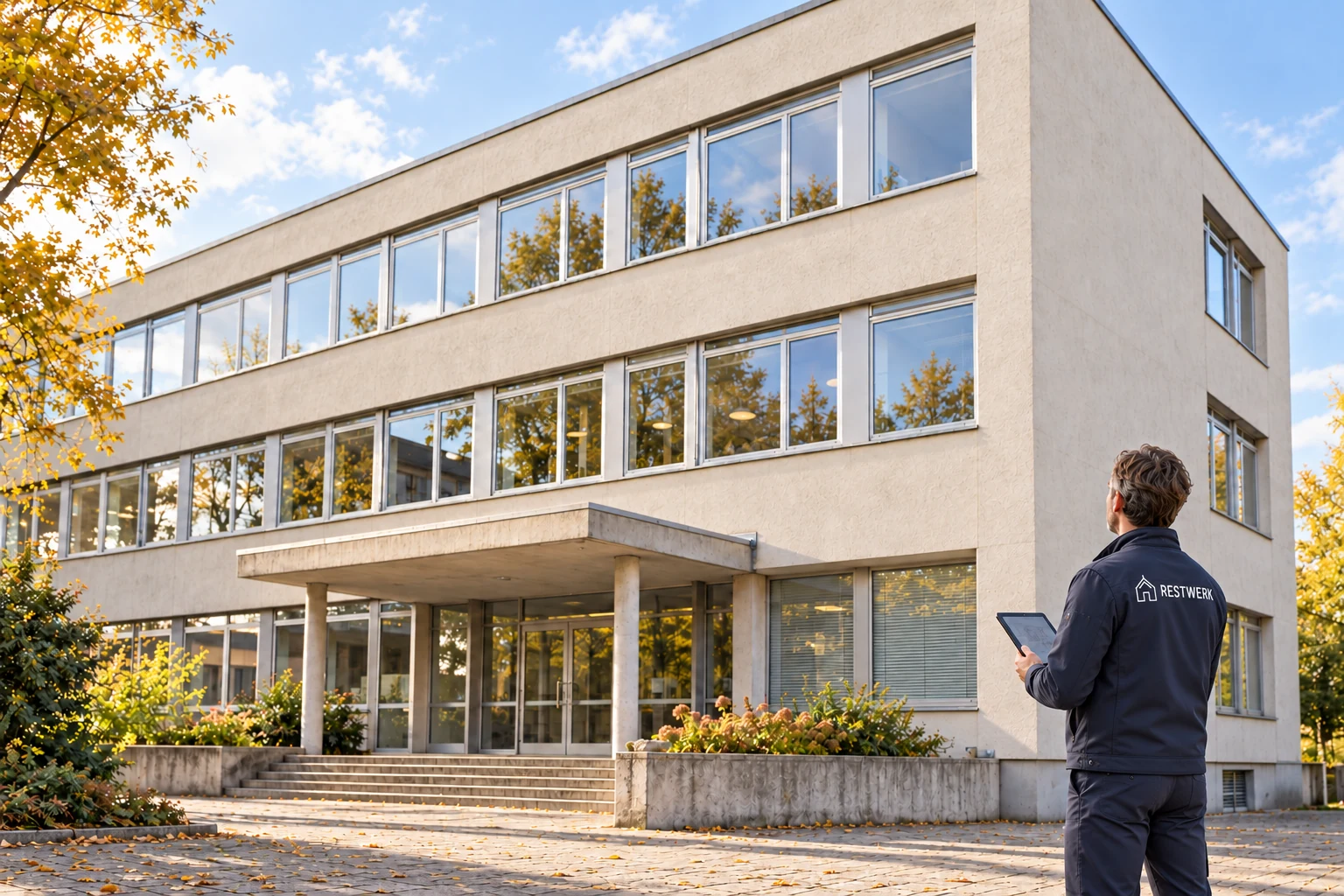 KI-generiertes Beispielmotiv: Gebäudesachverständiger mit RESTWERK-Hauslogo auf dunkelblauer Jacke und Tablet vor einem hellen Bestandsgebäude